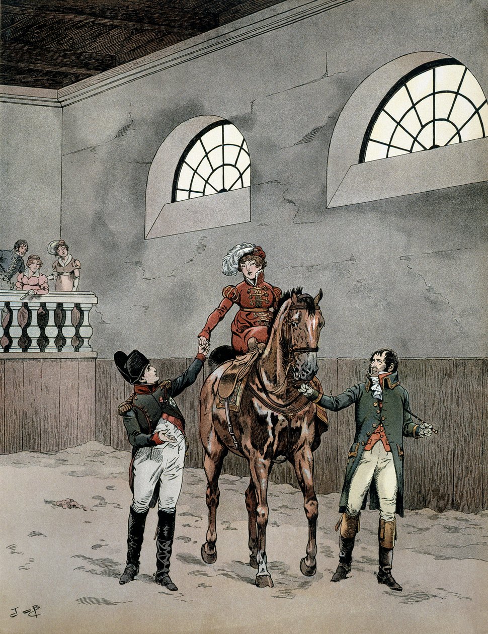Napoleão I Bonaparte (1729-1821) assistiu às aulas de equitação da impressionada Marie Louise da Áustria (1791-1847). Em "Napoleon", de Georges Montorgueil. Ilustração de Jacques Marie Gaston Onfray de Breville dit JOB (1858-1931) de pseudonym for Onfray de Breville Jacques Job