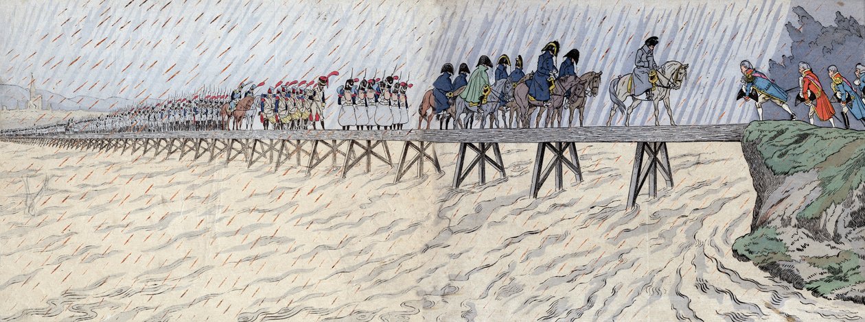 Napoleão I Bonaparte (1769-1821) e seu exército passaram o Reno em 1 de outubro de 1805 - Napoleão atravessa o Reno (Reno) perto de Kehl de pseudonym for Onfray de Breville Jacques Job