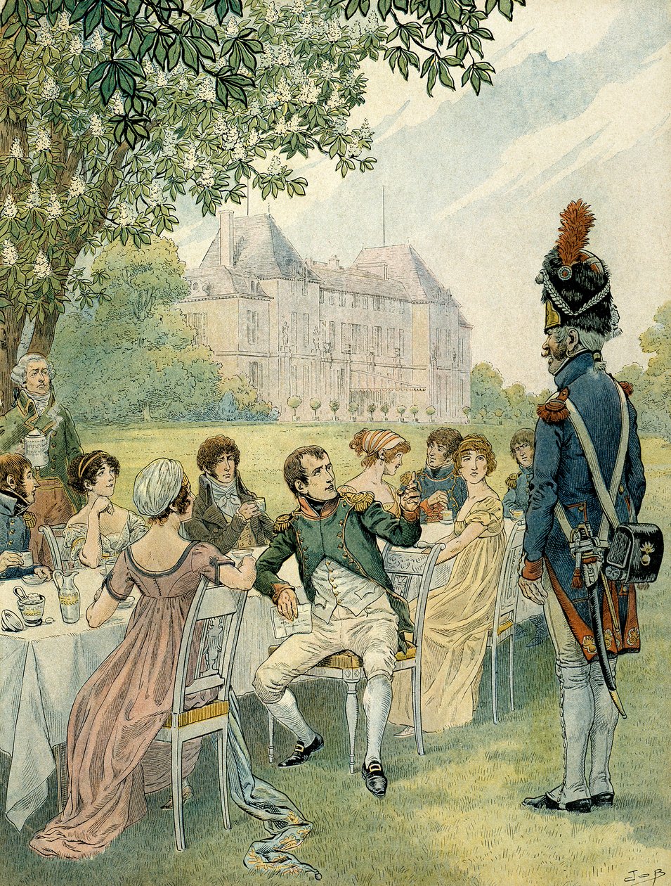 Napoleão I Bonaparte (1769-1821) durante um almoço nos jardins do castelo de Malmaison. Ilustração de Jacques Marie Gaston Onfray de Breville dit JOB (1858-1931). Coleção Particular de pseudonym for Onfray de Breville Jacques Job