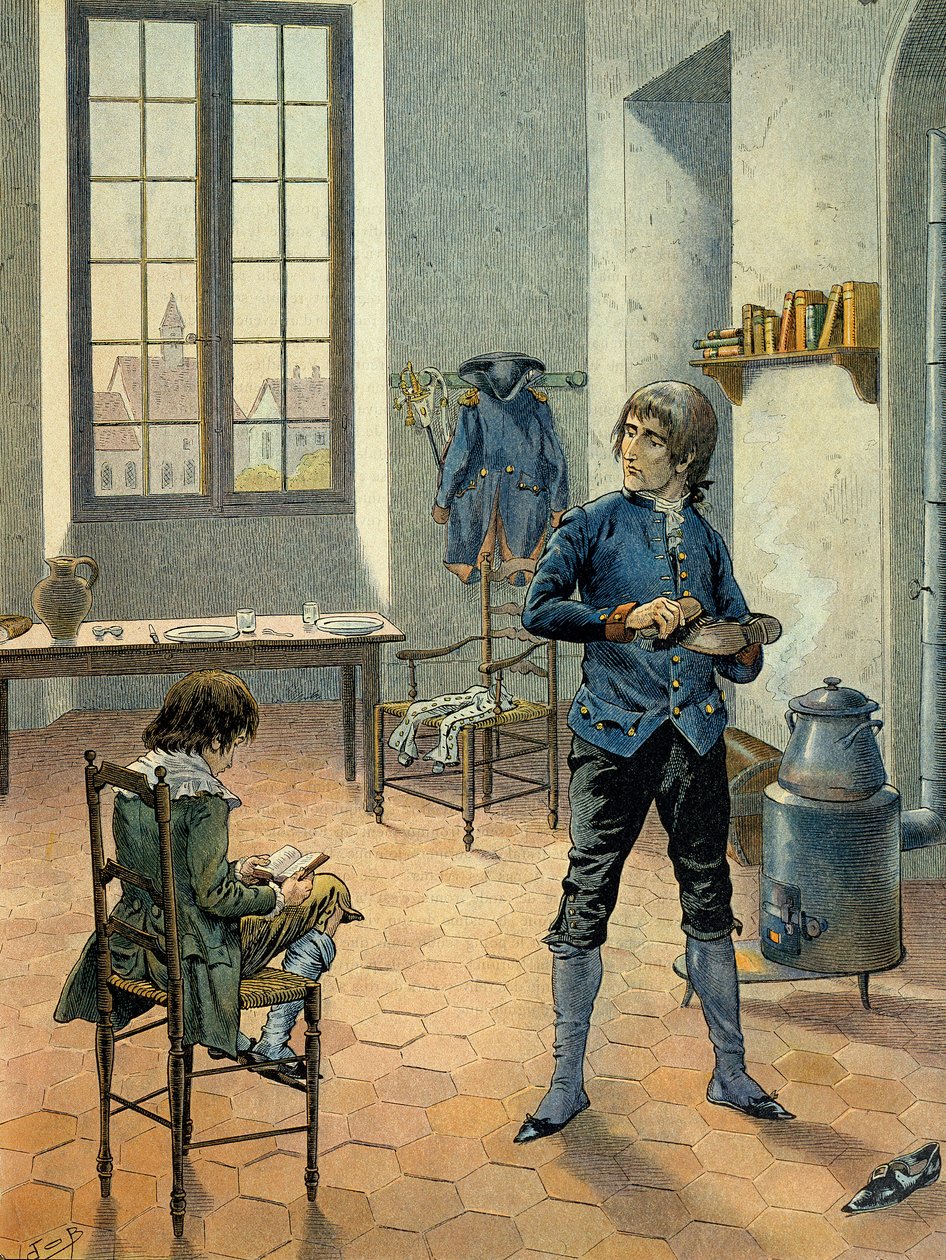 Napoleão I Bonaparte (1769-1821) em guarnição em Auxonne com seu irmão Louis Bonaparte (1778-1846) lendo entre 1788 e 1789. Ilustração de Jacques Marie Gaston Onfray de Breville dit JOB (1858-1931) de pseudonym for Onfray de Breville Jacques Job