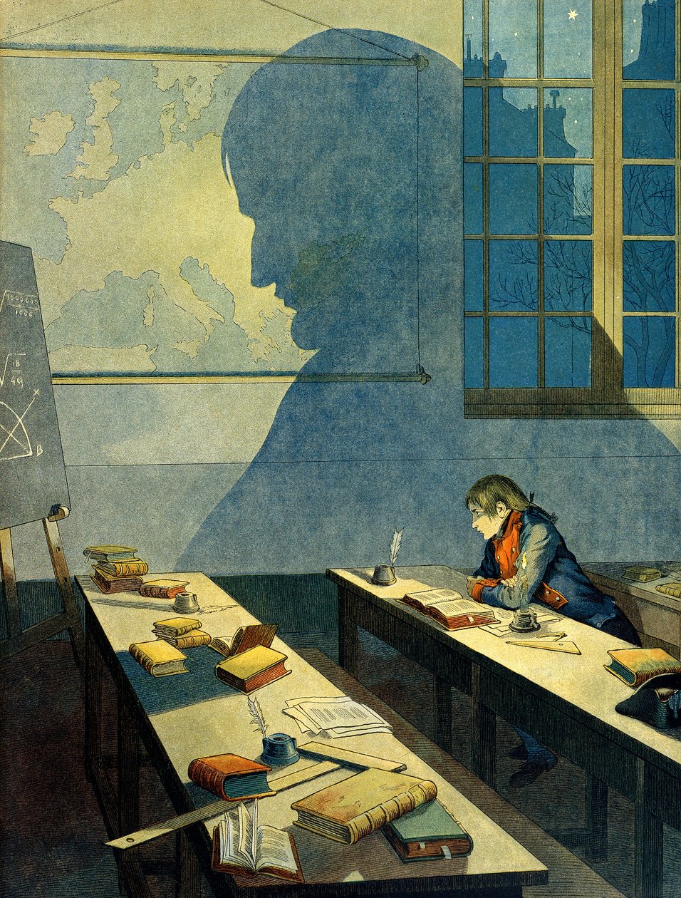 Napoleão I Bonaparte (1769-1821) estudando na Escola Real Militar de Brienne (escola dirigida pelos Minimes no Aube, Champagne Ardennes). A sua sombra cai sobre o mapa geográfico da Europa. Ilustração de Jacques Marie Gaston Onfray de Breville dit JOB de pseudonym for Onfray de Breville Jacques Job
