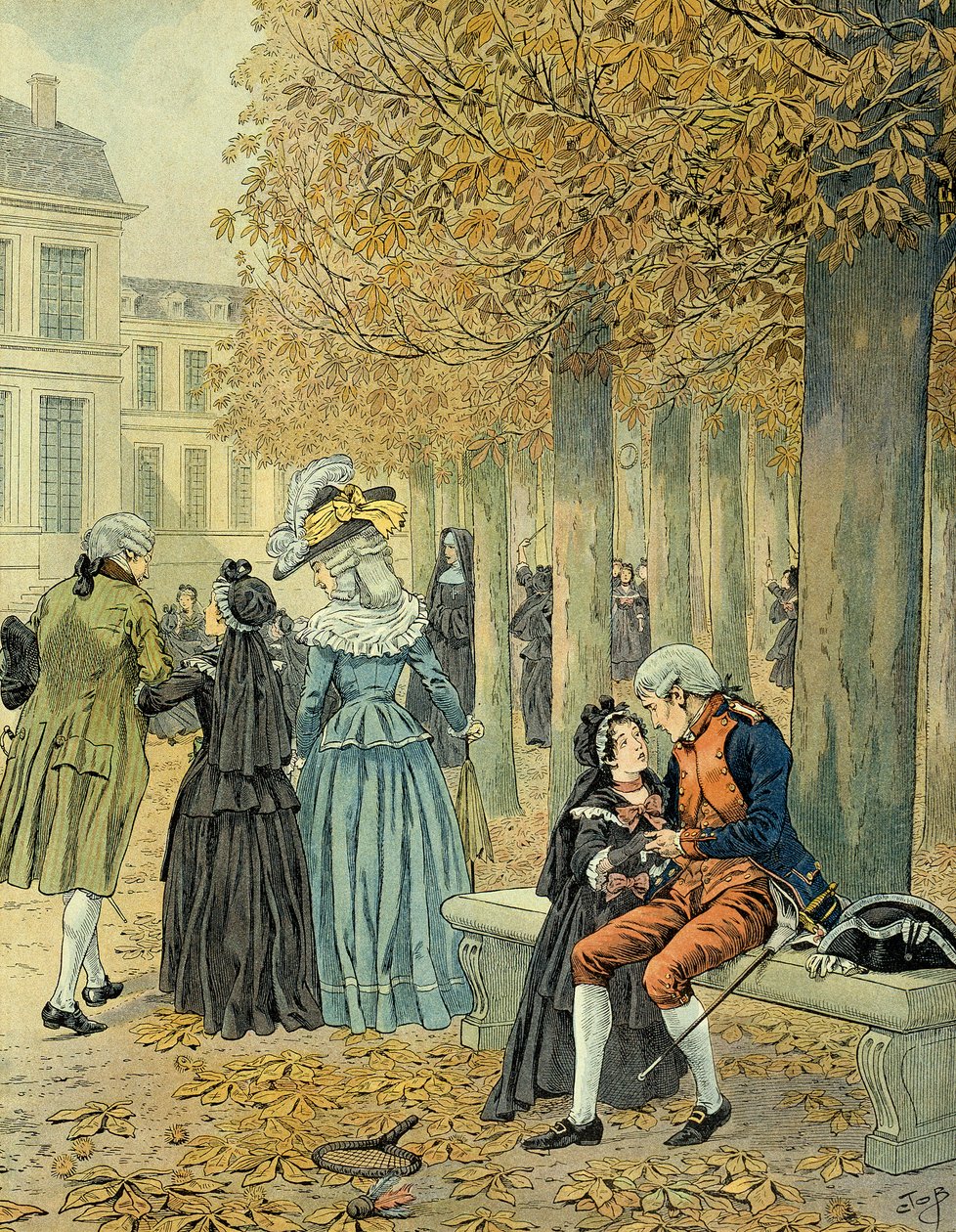 Napoleão I Bonaparte (1769-1821) visitou sua irmã Elisa Bonaparte (1777-1820) na casa real de São Cyr (Saint-Cyr). Ilustração de Jacques Marie Gaston Onfray de Breville dit JOB (1858-1931) de pseudonym for Onfray de Breville Jacques Job