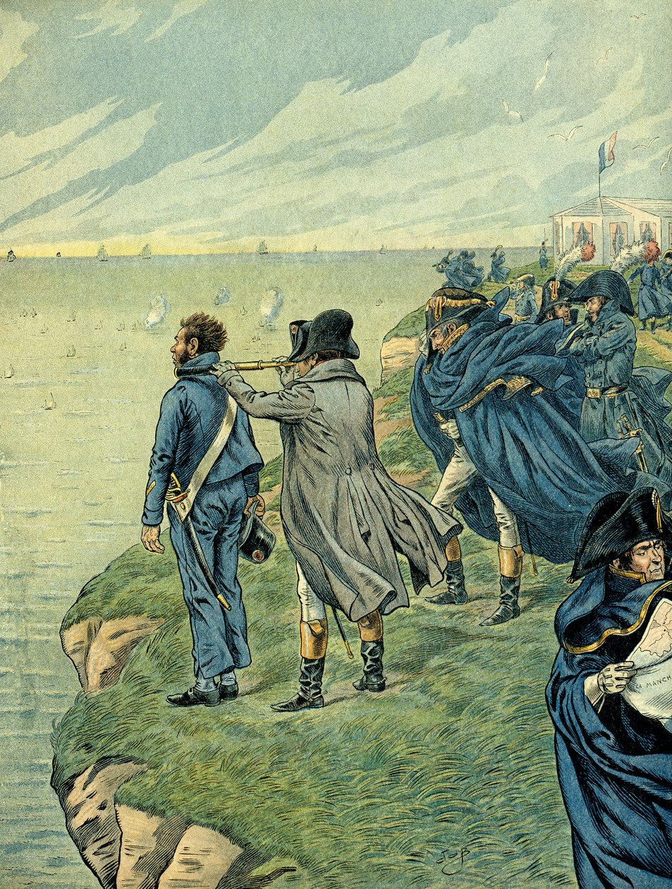 Napoleão I Bonaparte (1769-1821) visitou o arsenal do acampamento de Boulogne em julho de 1804. Ilustração de Jacques Marie Gaston Onfray de Breville dit JOB (1858-1931). Coleção Particular de pseudonym for Onfray de Breville Jacques Job