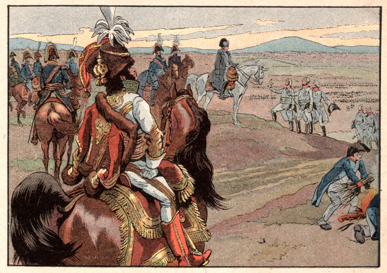 Napoleão I Bonaparte (1769-1821) com Joachim Murat (1767-1815) durante a rendição de Ulm em 1805. Gravura de Jacques Marie Gaston Onfray de Breville dit Job (1858-1931) de pseudonym for Onfray de Breville Jacques Job