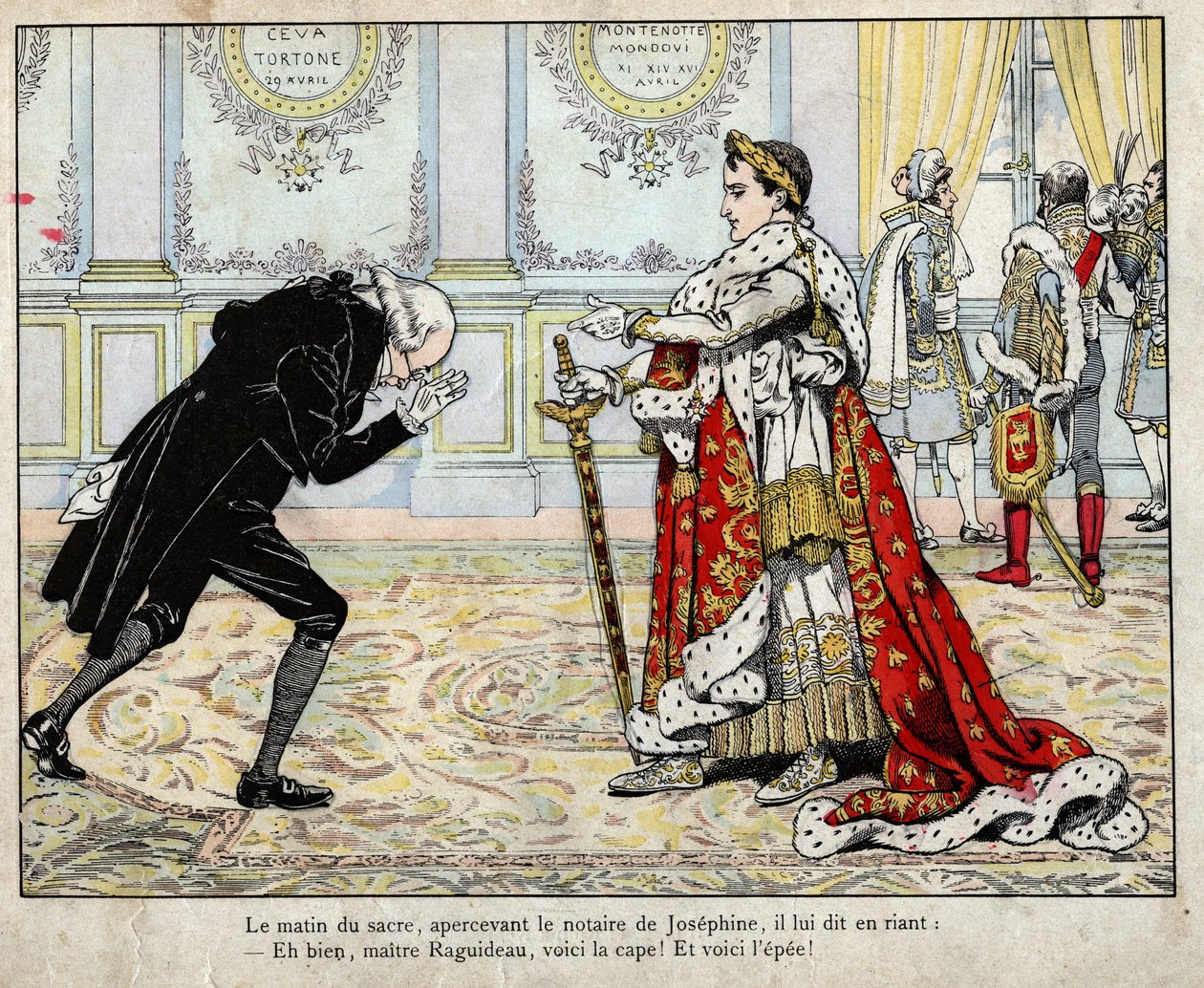 Napoleão e notário Raguideau, manhã da coroação 1804 - litografia de Job (Jacques Onfroy de Breville) de "Le Grand Napoleon des Petites Enfants" 1893 de pseudonym for Onfray de Breville Jacques Job