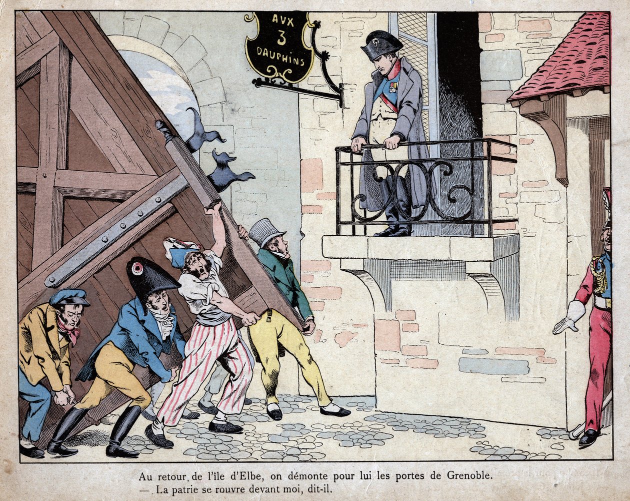 Napoleão reunindo seus soldados em Grenoble no seu retorno da ilha de Elba - A cidade de Grenoble abre suas portas para Napoleão no seu retorno do exílio em Elba, 7 de março de 1815 - litografia de Jó (Jacques Onfroy de Breville) do "Le Grand Napoleon des  de pseudonym for Onfray de Breville Jacques Job