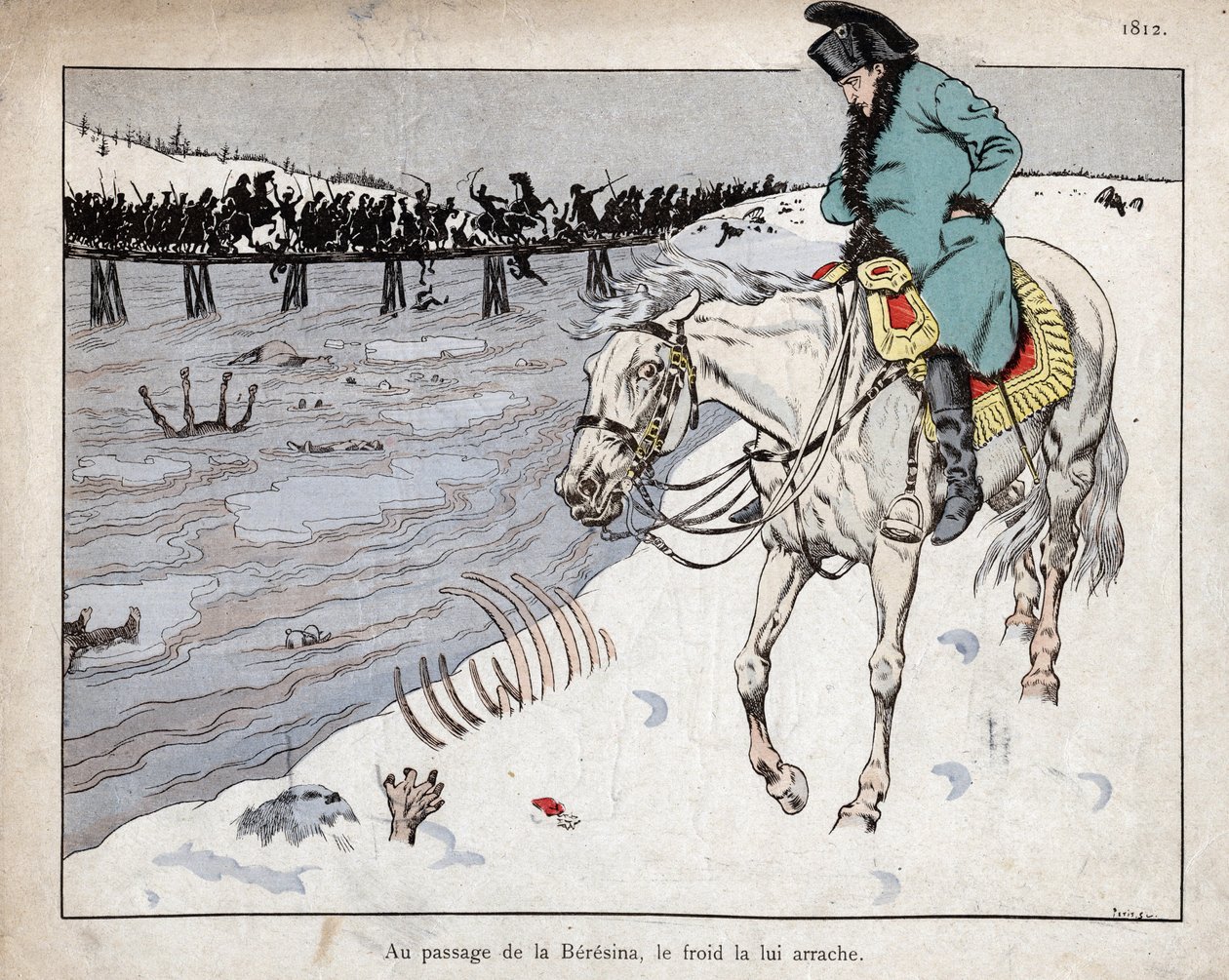 Napoleão observando os restos de sua Grande Armee atravessando o rio Berezina no retiro de Moscou de pseudonym for Onfray de Breville Jacques Job