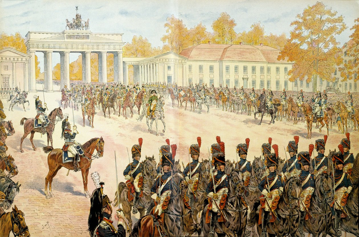 Em 27 de outubro de 1806 Napoleão I Bonaparte (1769-1821) e seu exército entraram em Berlim. Em "Napoleão", de Georges Montorgueil. Ilustração de Jacques Marie Gaston Onfray de Breville dit JOB (1858-1931) de pseudonym for Onfray de Breville Jacques Job