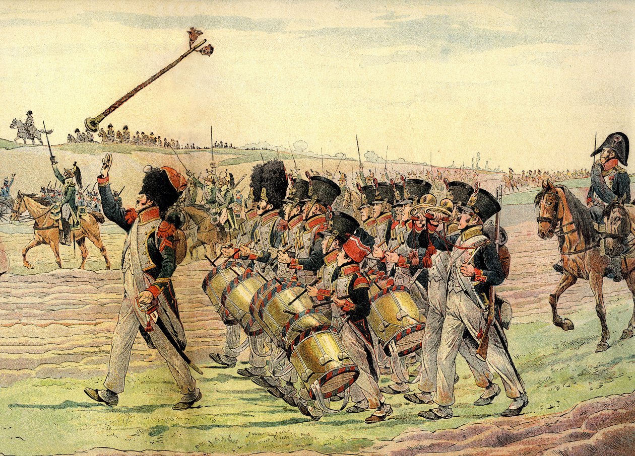 Regimento do Exército Napoleônico marchando para a batalha ao som da música, c.1900 (impresso) de pseudonym for Onfray de Breville Jacques Job