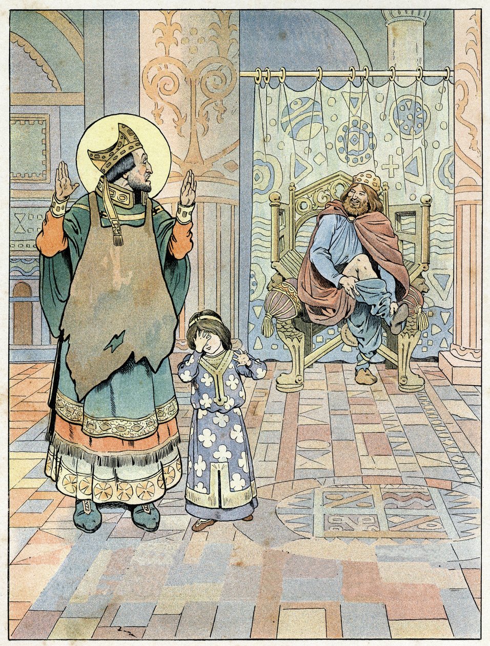 São Eloi (v.588-659) aponta ao Rei da França Dagobert I (602 ou 605-638 ou 639) que suas calças foram colocadas de cabeça para baixo (cuecas ao contrário). em "France, his story told by G. Montorgueil, imagee by Job" 1896. Coleção privada. de pseudonym for Onfray de Breville Jacques Job
