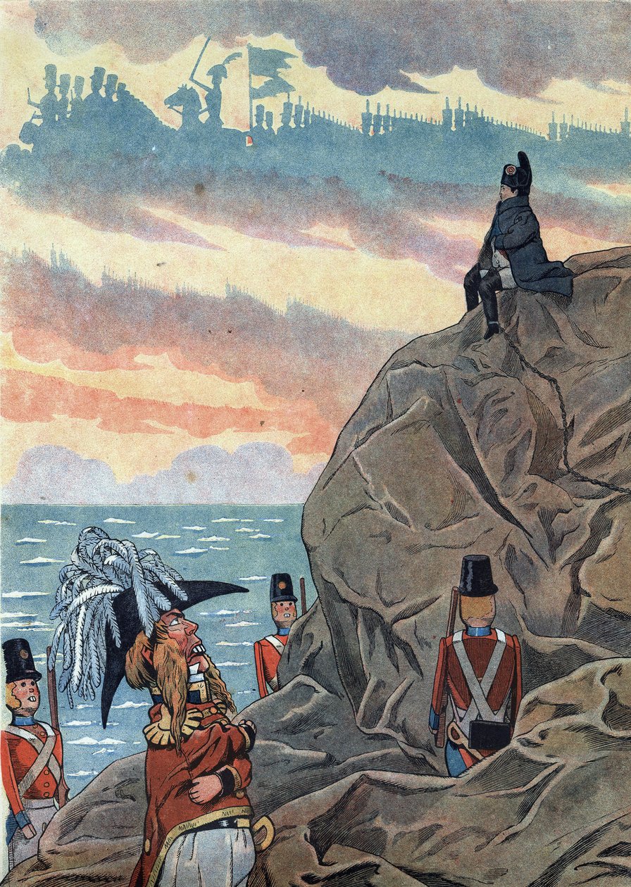 Cena da história da França nos brinquedos: Napoleão I Bonaparte (1769-1821) no exílio na ilha de Sainte Helene (Sainte-Helene) apresentado numa atitude de melancolia e solidão. Em "Joujoux a l