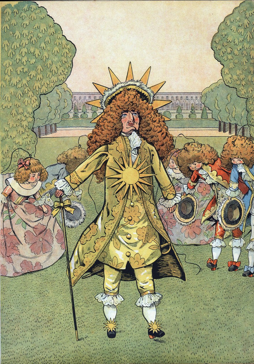 Cena da história da França nos brinquedos: Retrato do Rei de França Luís XIV (1638-1715) disse o Rei Sol nos jardins de Versalhes com a sua corte puxando reverência. Em "Joujoux a l