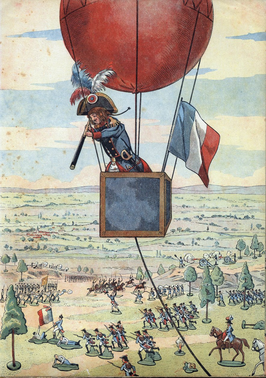 Cena da história da França nos brinquedos: A Batalha de Fleurus a 26 de Junho de 1794 e o primeiro uso de um balão de observação pelo Capitão Jean Marie Joseph (Jean-Marie-Joseph) Coutelle (1748-1835) com uma longa visão - Em "Vamos jogar uma história: A F de pseudonym for Onfray de Breville Jacques Job