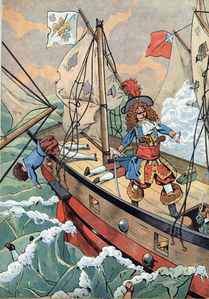 Cena da história da França nos brinquedos: O marinheiro francês, corsário capitão Jean Bart (1650-1702) com o seu filho pronto a pegar fogo à pólvora em caso de colisão. Em "Joujoux a l