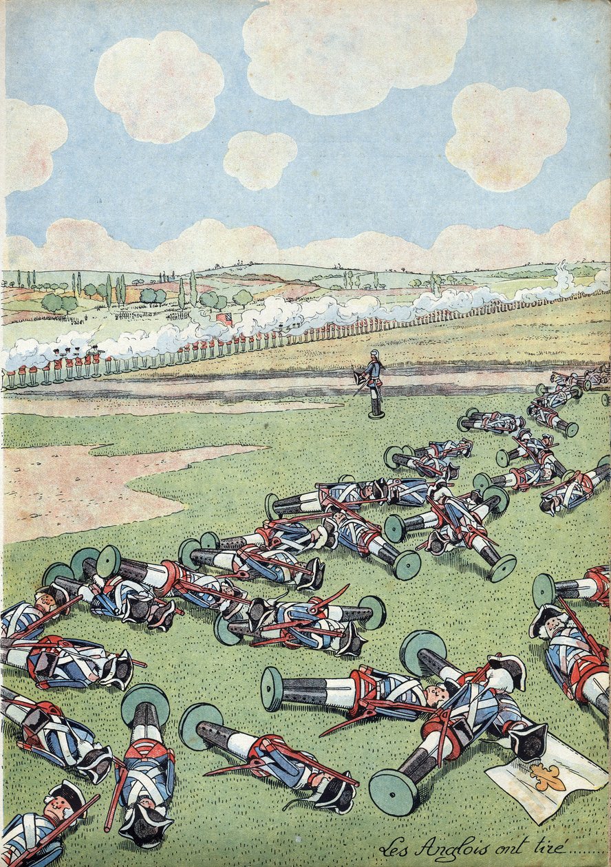 Cena da história da França nos brinquedos: Guerra da Sucessão da Áustria (1740-1748). Tropa de soldados de infantaria do exército francês mortos pelos ingleses na batalha de Fontenoy em 11 de maio de 1745. Em "Joujoux a l