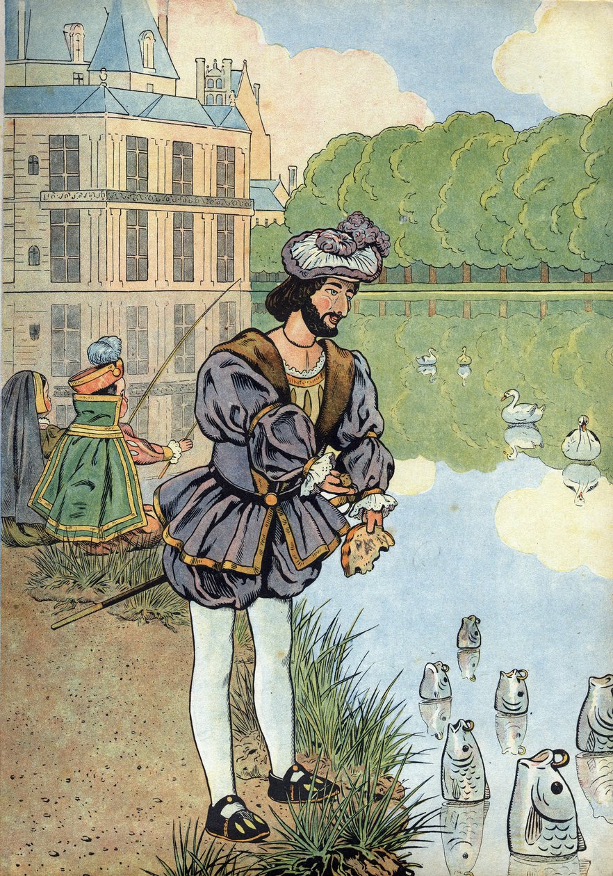 Cena da história da França nos brinquedos: o Rei da França François I (1494-1547) dá pão ao peixe do parque de Fontainebleau. Em "Joujoux a l