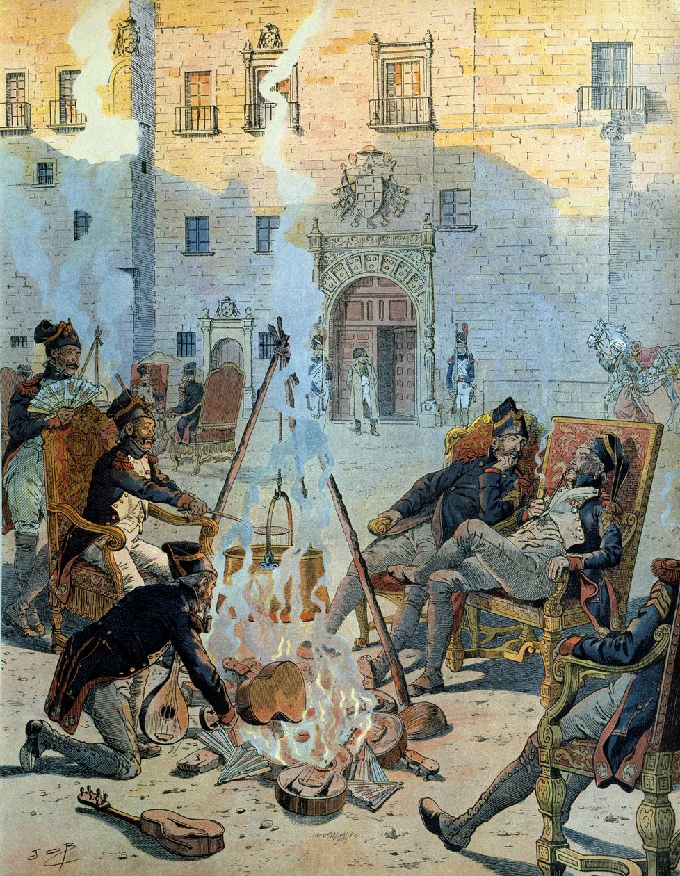 Guerra Espanhola (1808-1813): O exército francês de Napoleão I Bonaparte (1769-1821) em Espanha a divertir-se. Em "Napoleão", de Georges Montorgueil. Ilustração de Jacques Marie Gaston Onfray de Breville dit JOB (1858-1931) de pseudonym for Onfray de Breville Jacques Job