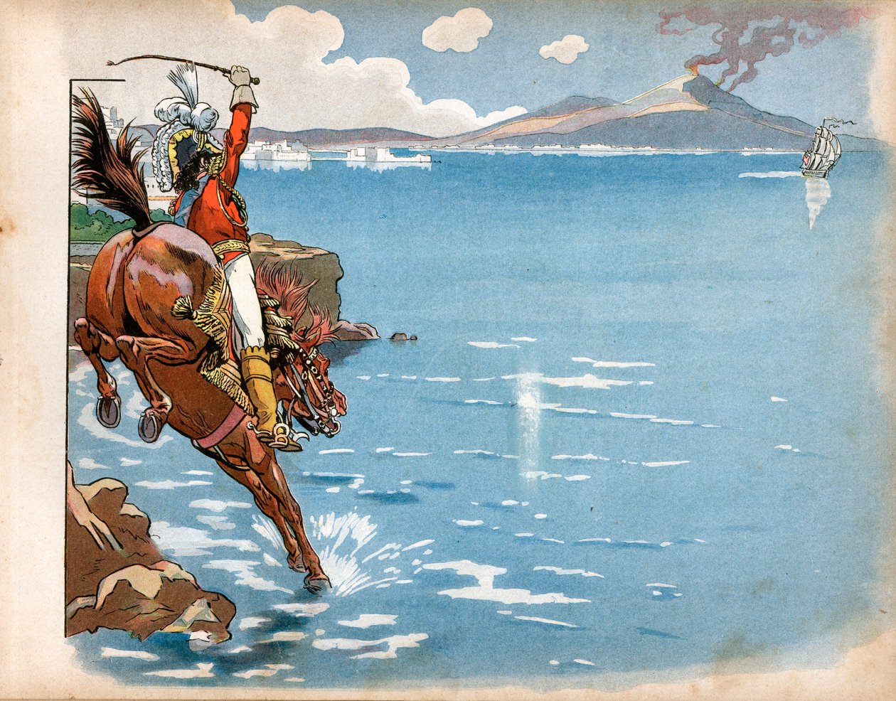Os ingleses cavalgaram nas costas do seu estado, e enquanto cavalgavam à beira-mar, Joachim Murat (1767-1815), rei de Nápoles, viu uma fragata inglesa, empurrou o seu cavalo para a água e carregou. Gravura de Jacques Marie Gaston Onfray de Breville de pseudonym for Onfray de Breville Jacques Job
