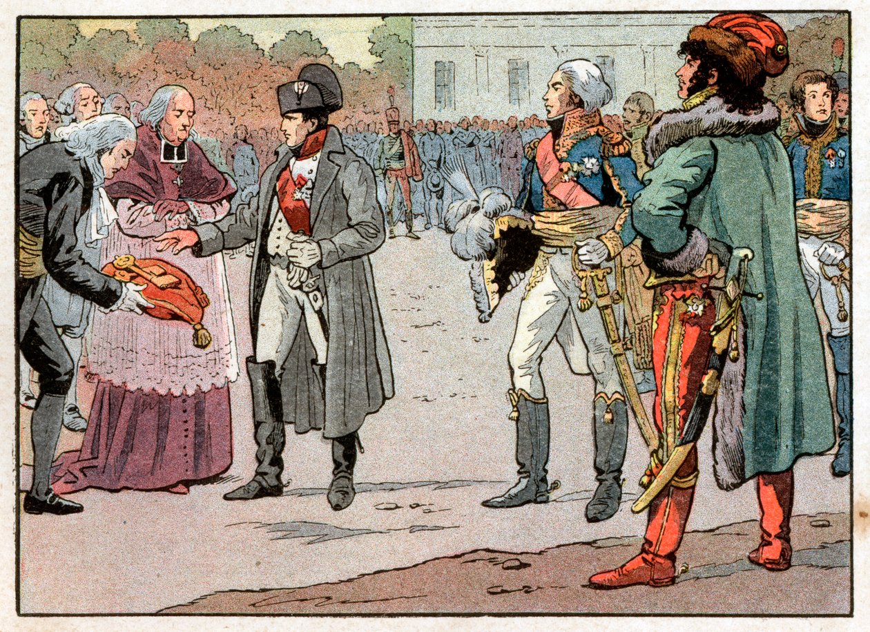 Os defensores de Viena entregaram a Napoleão I Bonaparte (1769-1821) as chaves da cidade, na presença de Joachim Murat (1767-1815), em 14/11/1805. Gravura de Jacques Marie Gaston Onfray de Breville dit Job (1858-1931) de pseudonym for Onfray de Breville Jacques Job