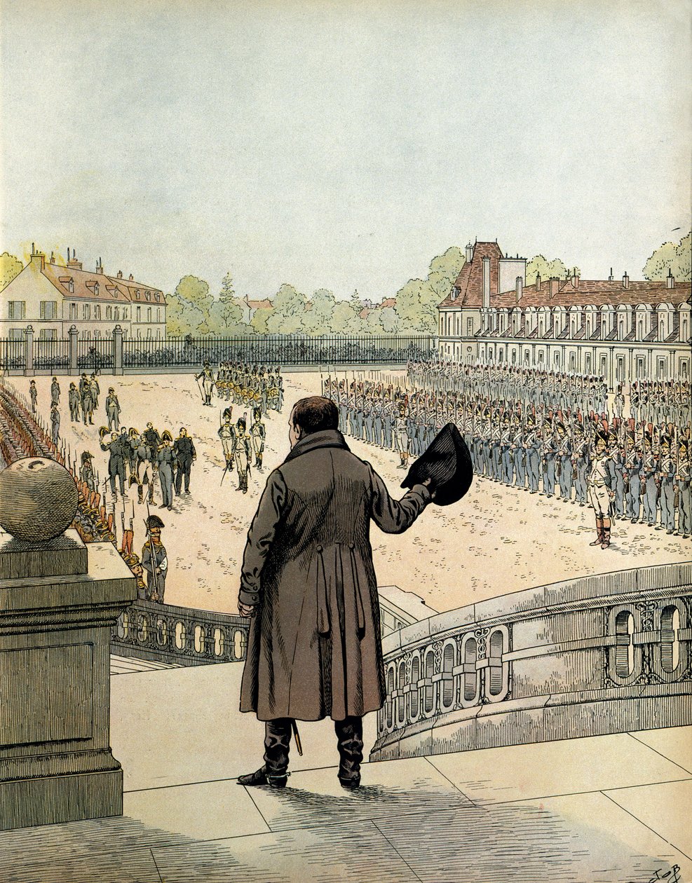 A despedida de Napoleão I Bonaparte (1769-1821) no pátio do Cheval Blanc, em Fontainebleau, no dia 20 de abril de pseudonym for Onfray de Breville Jacques Job