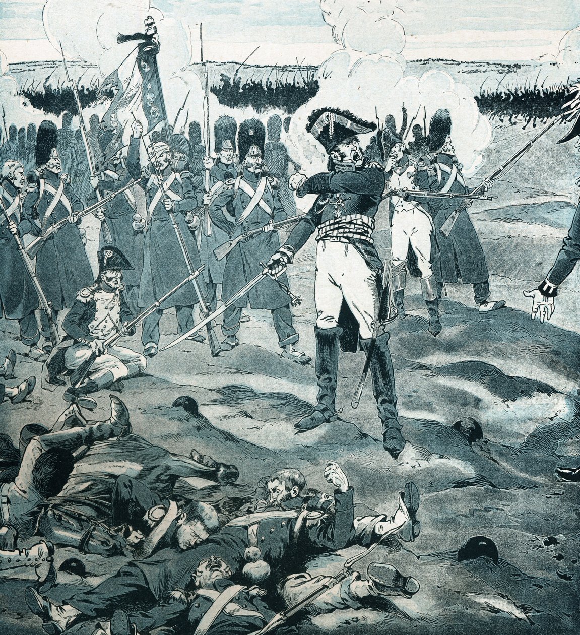 O guarda morreu mas não respondeu ao General Cambronne (1770-1842) comandando a última praça de Garde enquanto o inimigo pedia ao exército francês que se rendesse à Batalha de Waterloo em 18 de junho de 1815. Ilustração de Jó (Jacques Marie Gaston Onfray e de pseudonym for Onfray de Breville Jacques Job