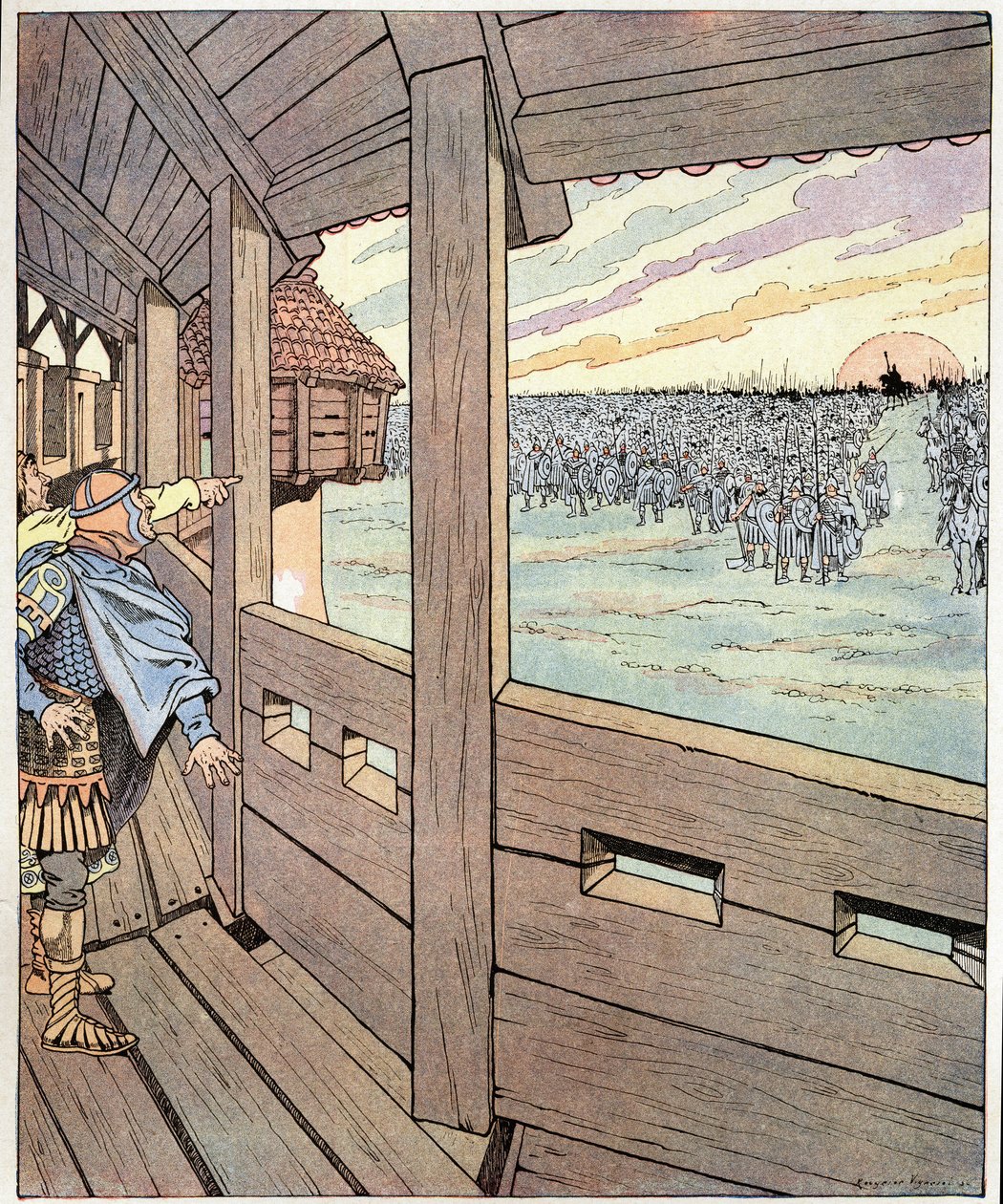 O homem de ferro, este é Charlemagne. Palavras de Ogger para o Rei dos Lombardos Didier quando ele apodreceu o Rei Carlos Magno ou Carlos I o Grande (742-814) do topo das muralhas de Pavia em 774. Ilustração de Jó (Jacques Marie Gaston Onfray e Breville de pseudonym for Onfray de Breville Jacques Job