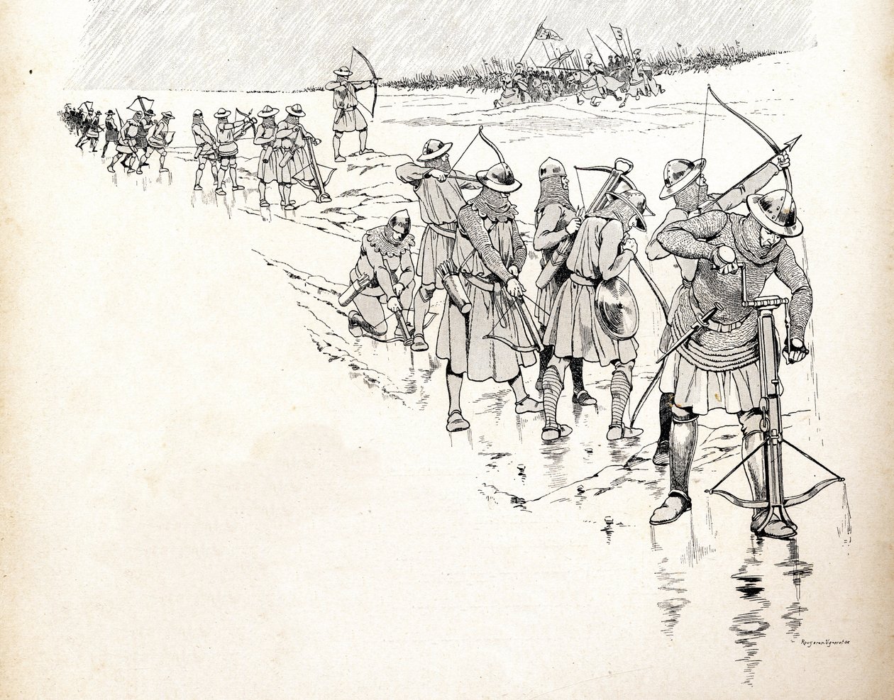 A chuva coloca os arqueiros do exército do rei francês Filipe VI dit Philippe de Valois (1293-1350) fora de batalha molhando as cordas dos arcos durante a Batalha de Crecy em 1346, no início da Guerra dos Cem Anos. Ilustração de Jó (Jacques de pseudonym for Onfray de Breville Jacques Job