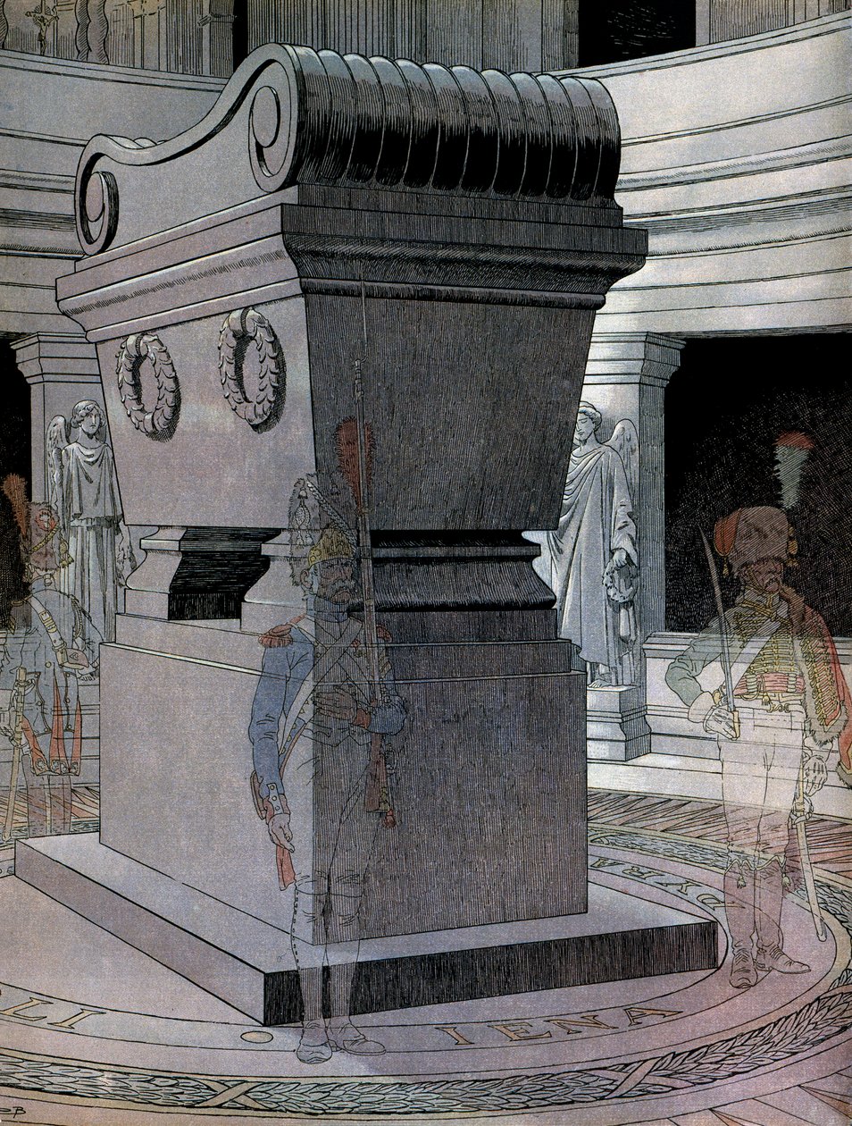 O túmulo do Imperador Napoleão I Bonaparte (1769-1821) nos Inválidos com guardas fantasmas. Em "Napoleão", de Georges Montorgueil. Ilustração de Jacques Marie Gaston Onfray de Breville dit JOB (1858-1931) de pseudonym for Onfray de Breville Jacques Job