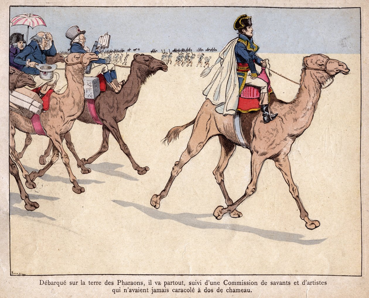 Napoleão debarque sobre os terrenos dos faraós - Napoleão no Egito - Durante sua campanha no Egito, ele é acompanhado por sábios com quem visita os sítios arqueológicos - litografia de Jó de pseudonym for Onfray de Breville Job