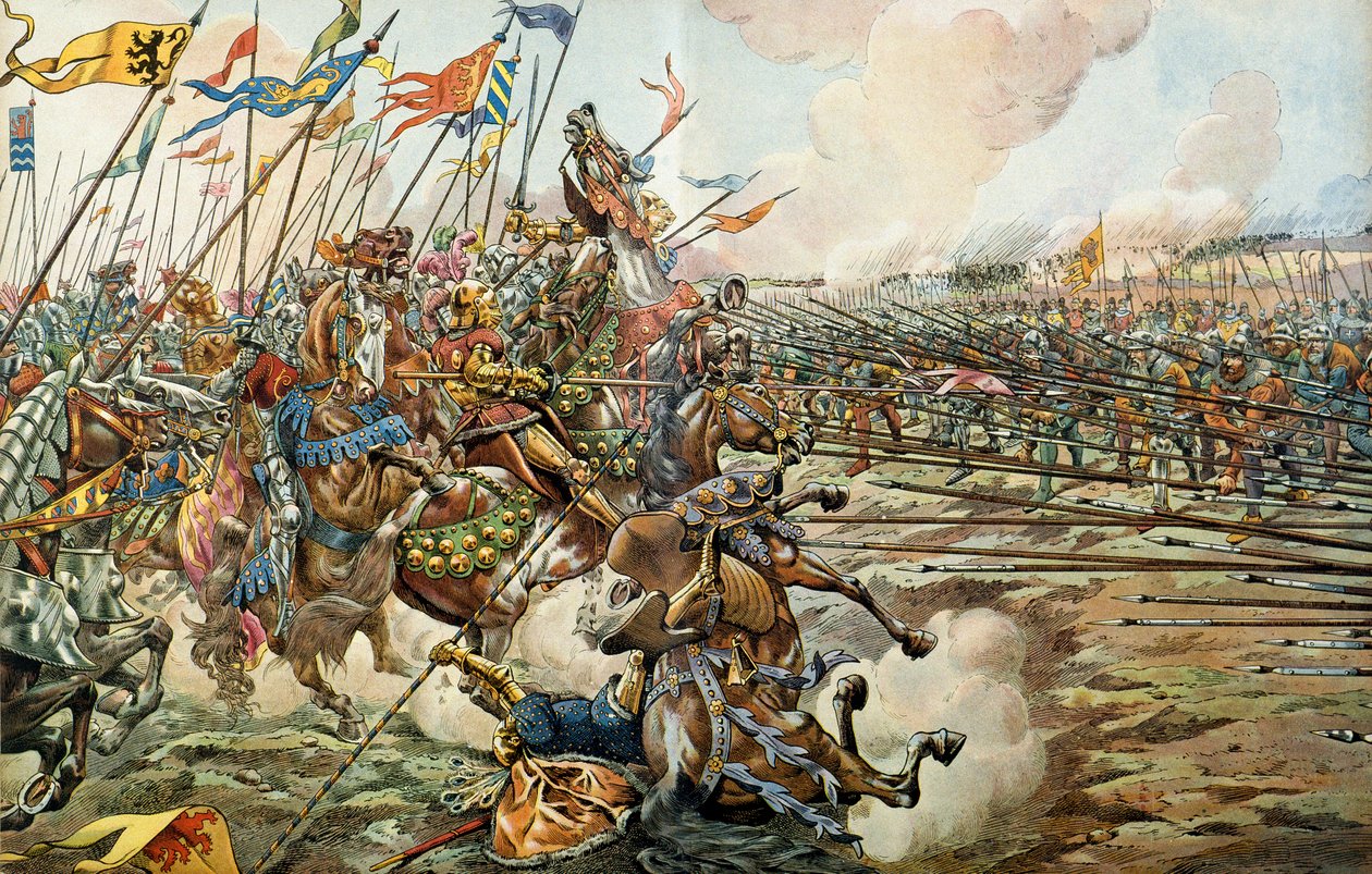 A batalha do neto entre os borgonheses e os suíços em neto, na Suíça, em 2 de março de 1476. Ilustração de Jacques Marie Gaston Onfray de Breville disse JOB de pseudonym for Onfray de Breville Job