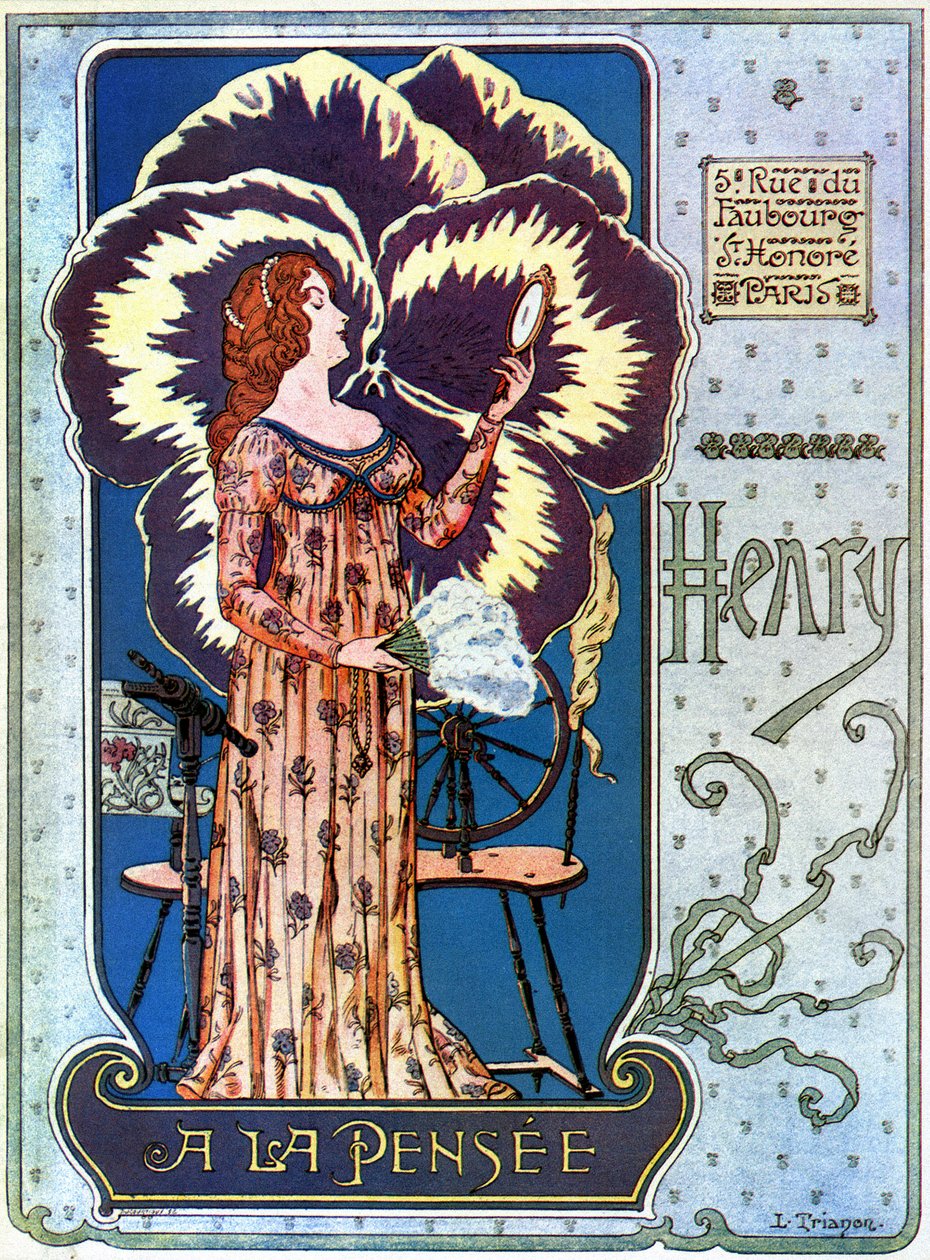 Art Nouveau: cartaz publicitário para a loja de cosméticos "Henry a la Thought" em Paris. Uma jovem mulher admira-se num espelho, atrás dela uma flor de pensamento. Ilustração de L. Trianon de pseudonym of Trinquier Louis Trinquier Trianon