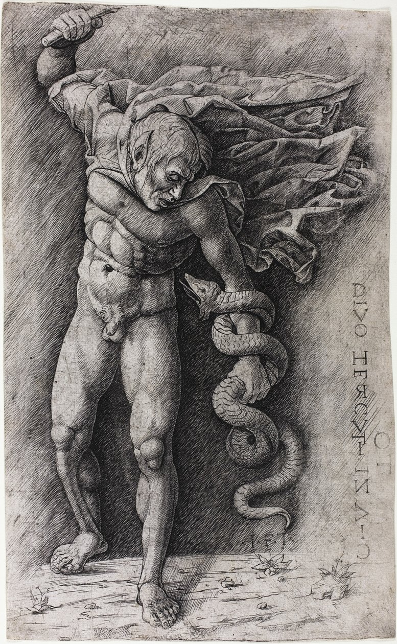 Fauno atacando uma cobra de school of Andrea Mantegna