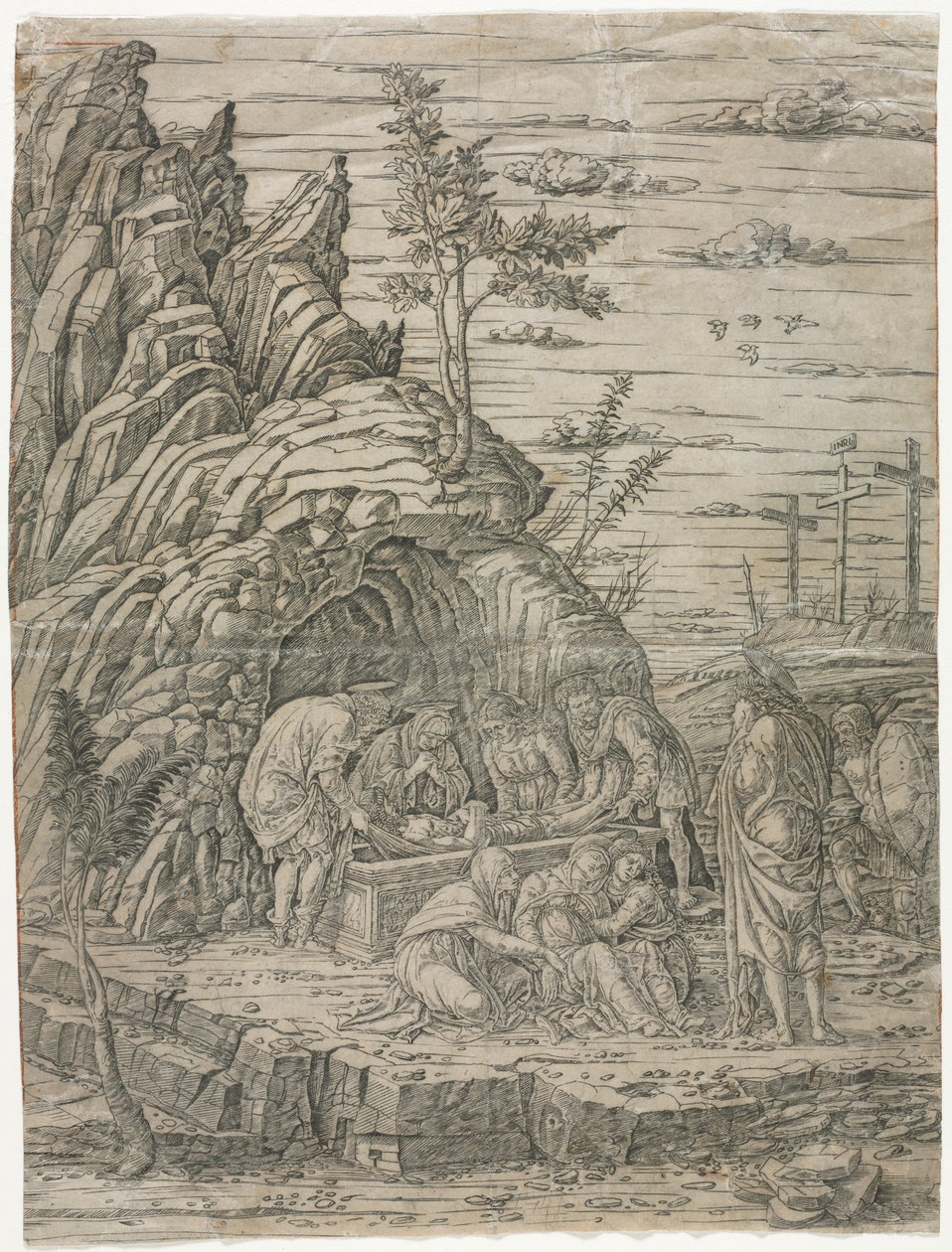 O sepultamento com os quatro pássaros de school of Andrea Mantegna
