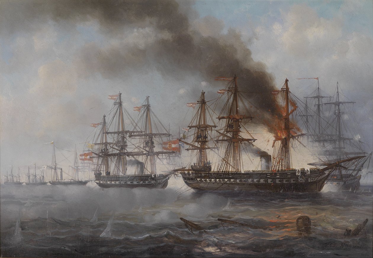 A batalha naval perto de Heligoland em 1864 (a fragata austríaca em chamas Schwarzenberg, atrás da fragata Radetzky) de Josef Karl Berthold Puttner