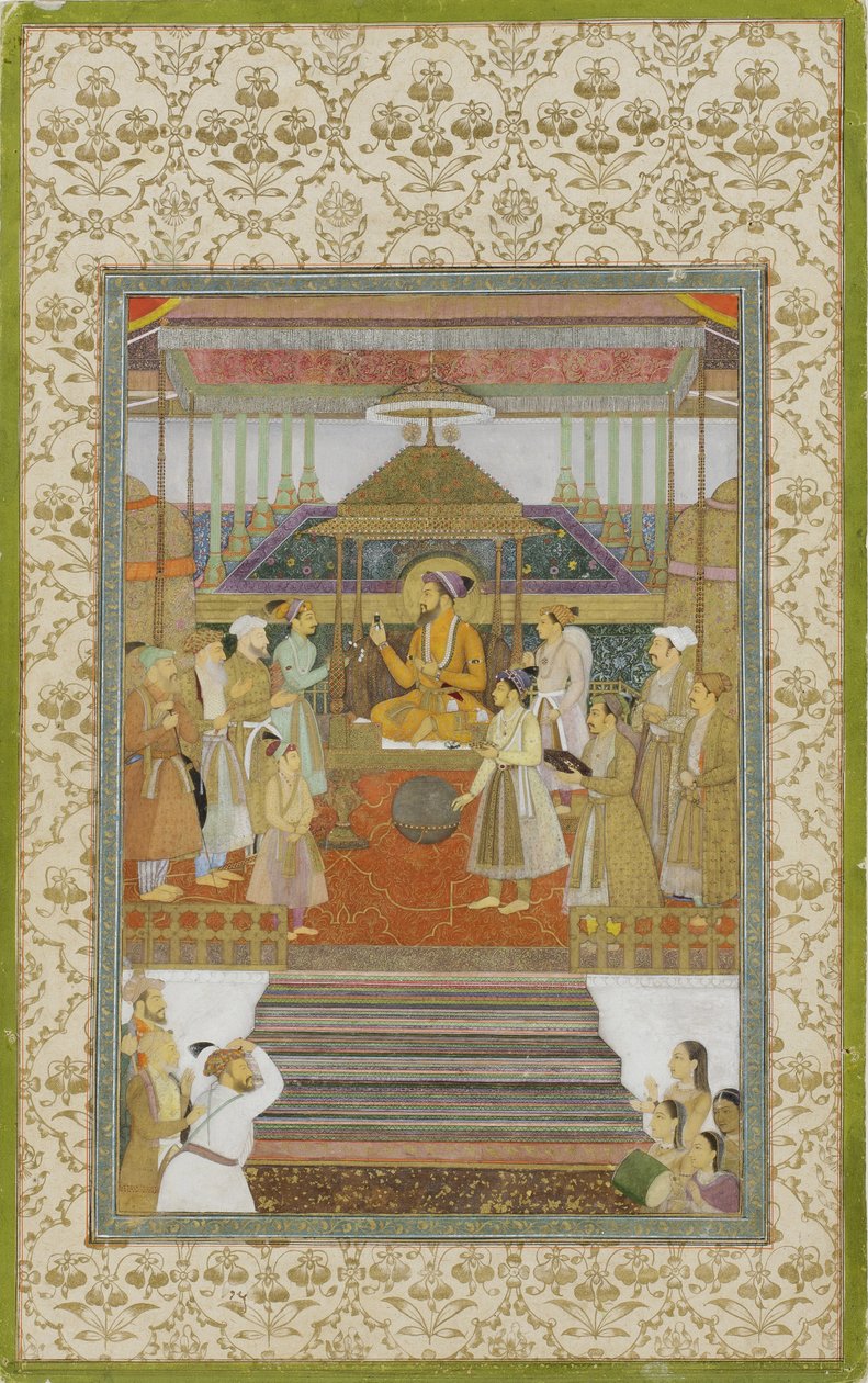 O Imperador Shah Jahan no &39;Trono do Pavão&39;, 1640 (wc opaco e ouro no papel) de son of Aqa Riza Abid