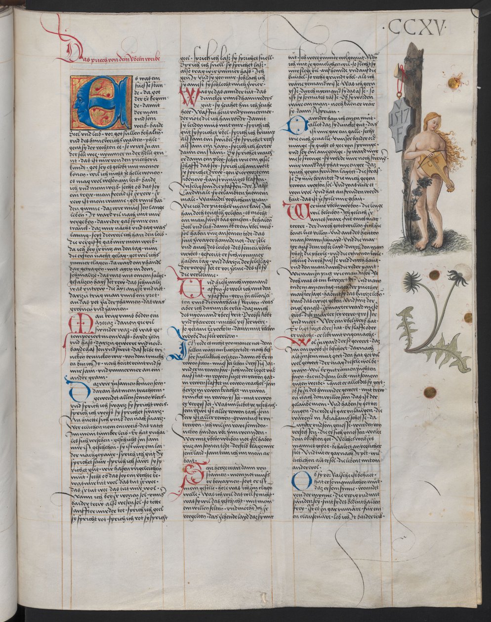 O Ambraser Heldenbuch, fólio 215r. As iniciais VF no escudo são assumidas como aquelas do artista de Österreichische Nationalbibliothek,