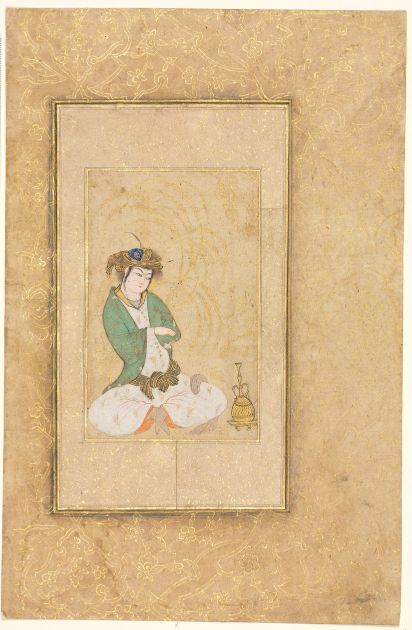 Jovens sentados ao lado de um salgueiro; Ilustração de página única de style of Muhammad Yusuf