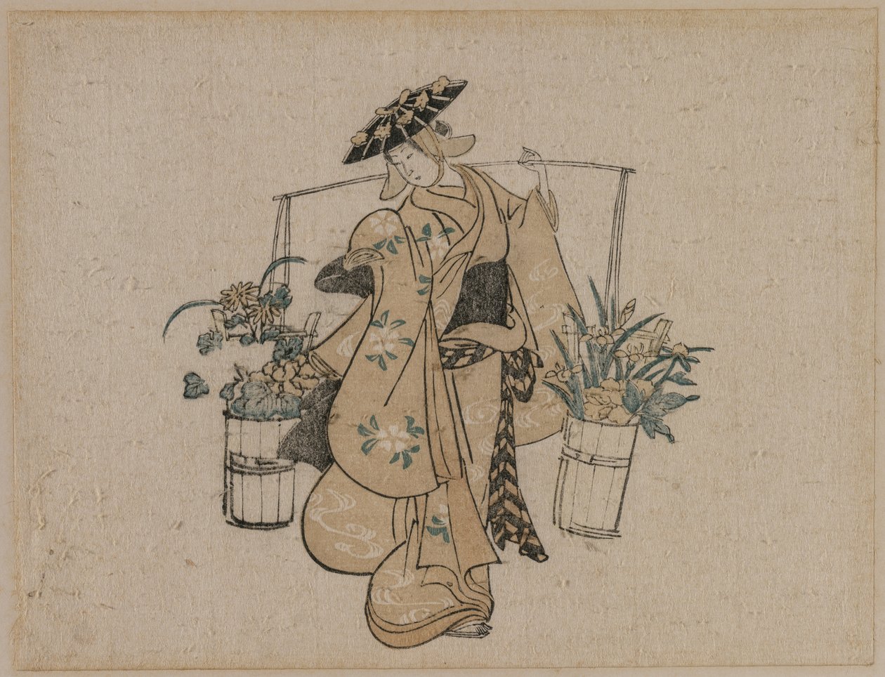 Uma bela carregando dois baldes de flores de style of Torii Kiyomasu