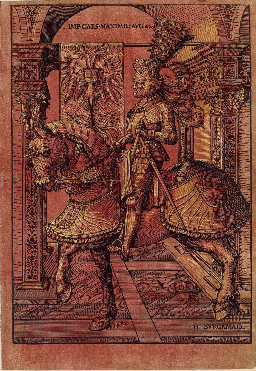 Imperador Maximiliano I, armado a cavalo, 1508 de the Elder Hans Burgkmair