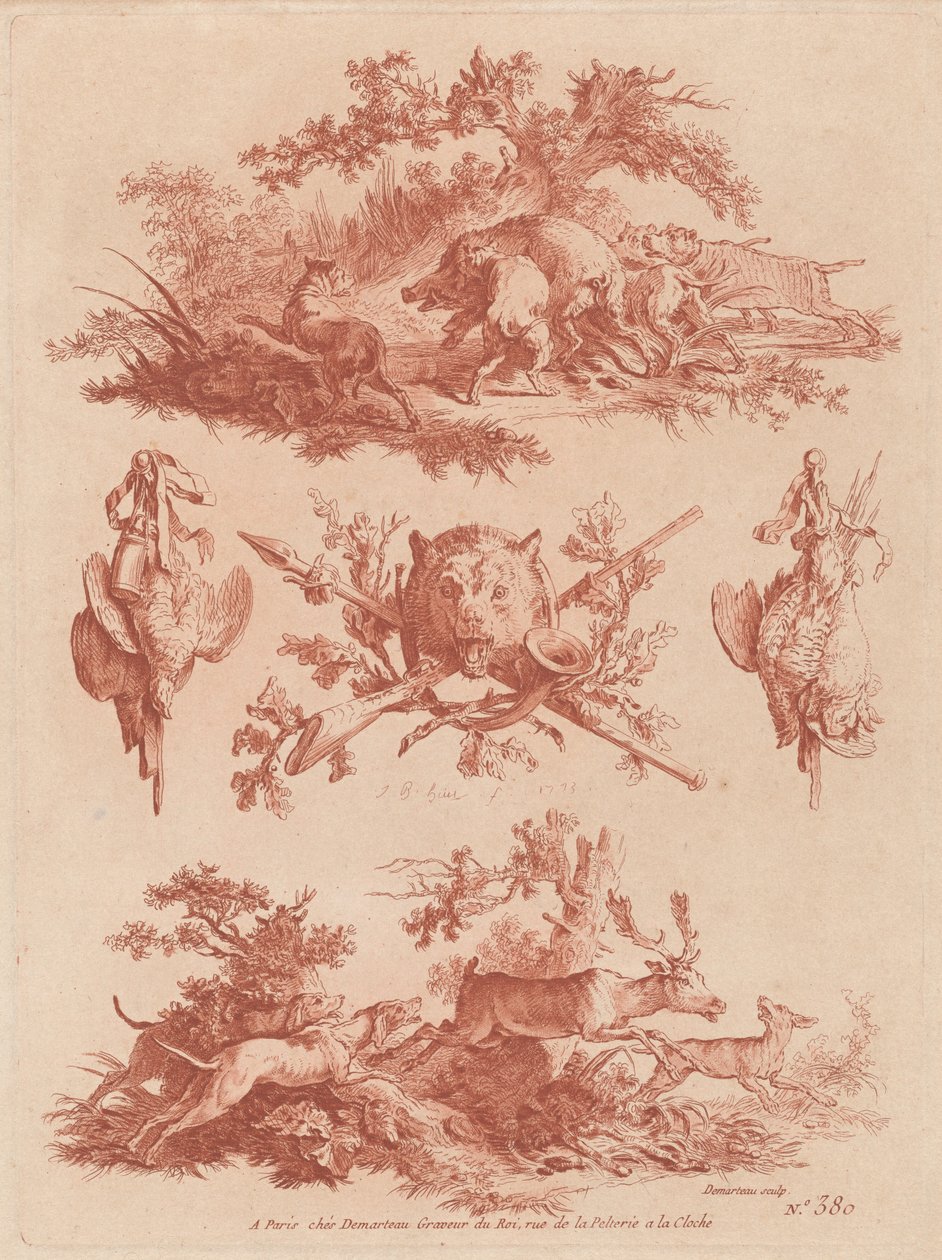Troféus de caça e vinhetas com cães perseguindo um javali e um veado de the Elder and Jean Baptiste Hüet Gilles Demarteau