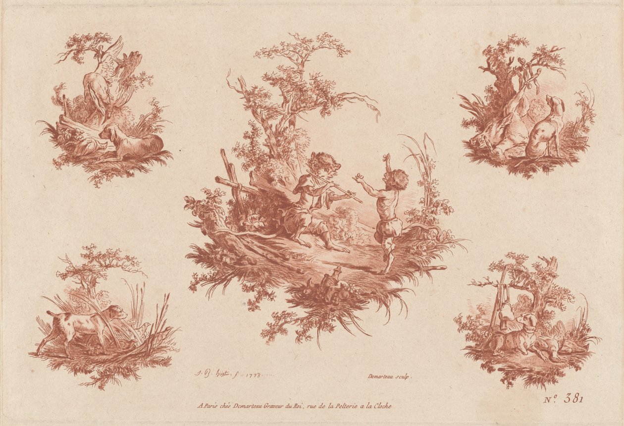Singerie com quatro vinhetas de cães caçando de the Elder and Jean Baptiste Hüet Gilles Demarteau