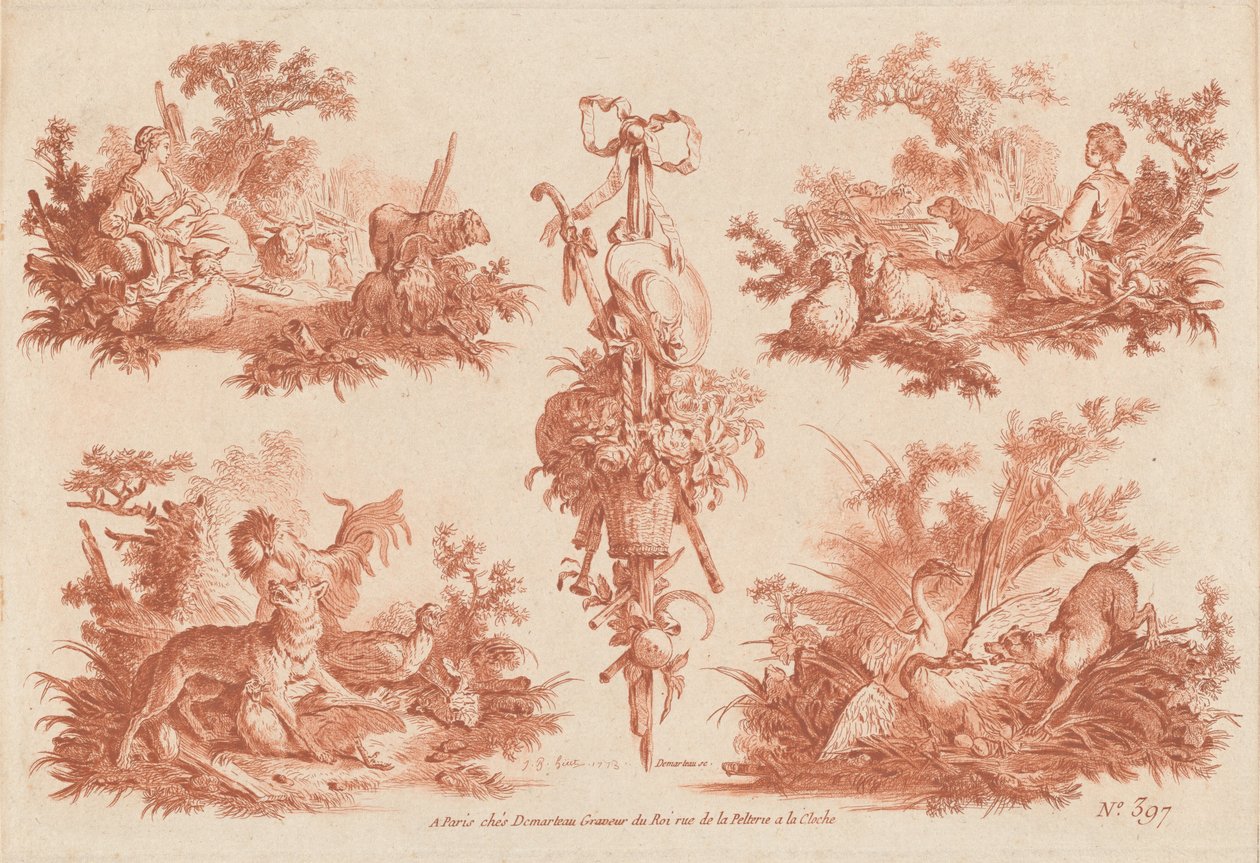 Duas vinhetas pastorais, duas vinhetas de caça e um troféu de the Elder and Jean Baptiste Hüet Gilles Demarteau