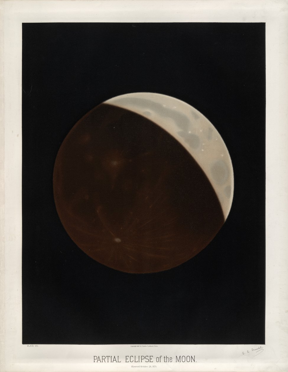 Eclipse parcial da lua. Observado em 24 de outubro de 1874. (Placa VII dos desenhos astronômicos de Trouvelot, 1881) de Étienne Léopold Trouvelot