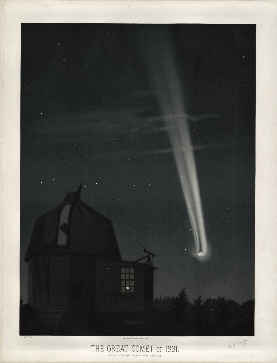 O grande cometa de 1881 (Cometa C - 1881 K1). Observado na noite de 25-26 de junho às 1h. 30m. AM (placa XI dos desenhos astronômicos de Trouvelot 1881) de Étienne Léopold Trouvelot
