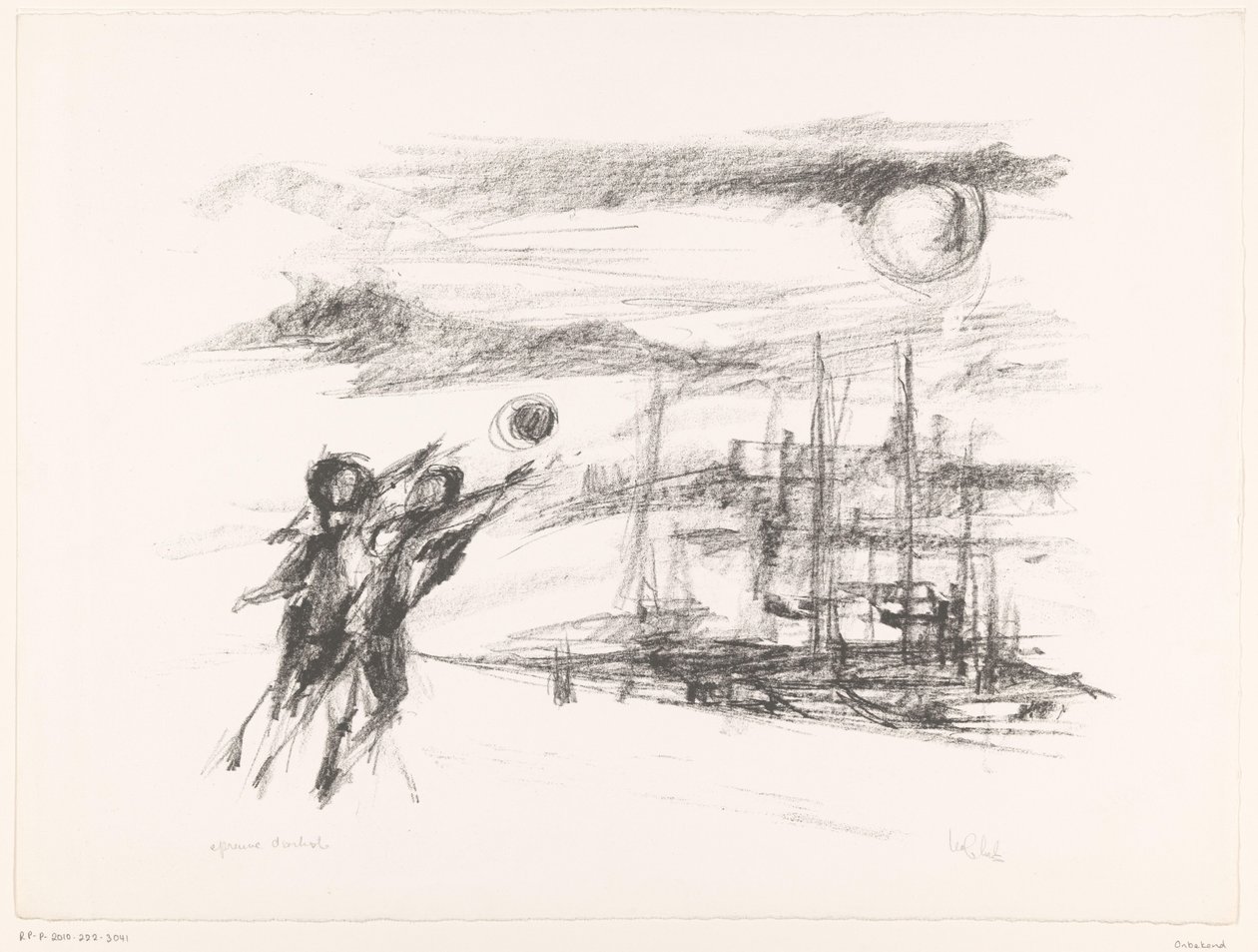Pessoas no cais com navios de unknown (signed by artist)