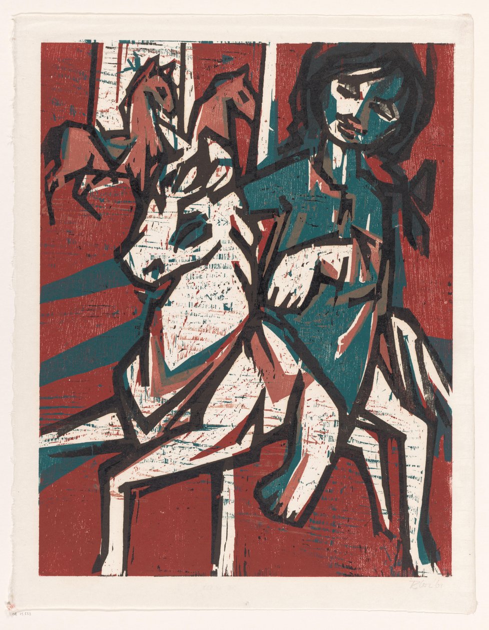 Mulher a cavalo na frente de outros dois cavalos de unknown (signed by artist)