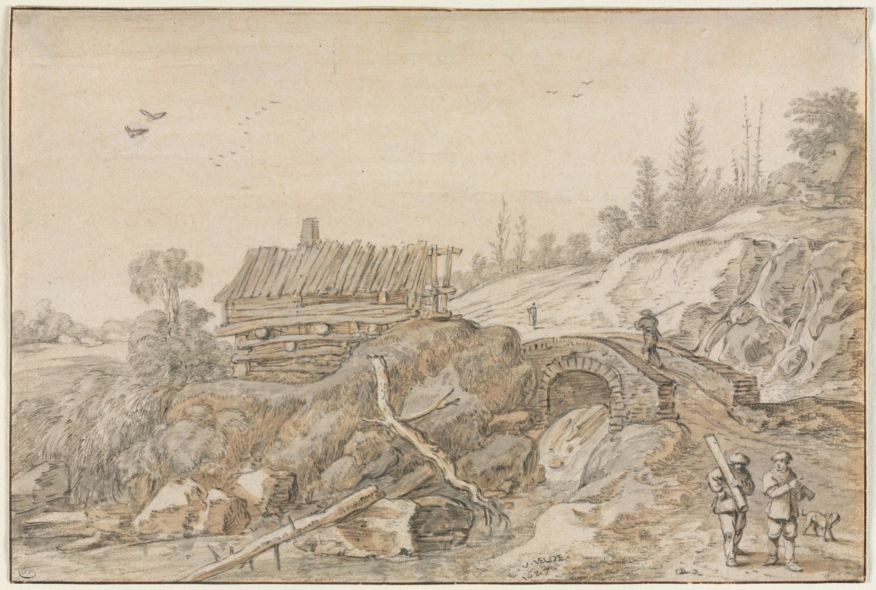 Paisagem montanhosa com cabana ao lado de um riacho, 1627. de van de Velde Esaias