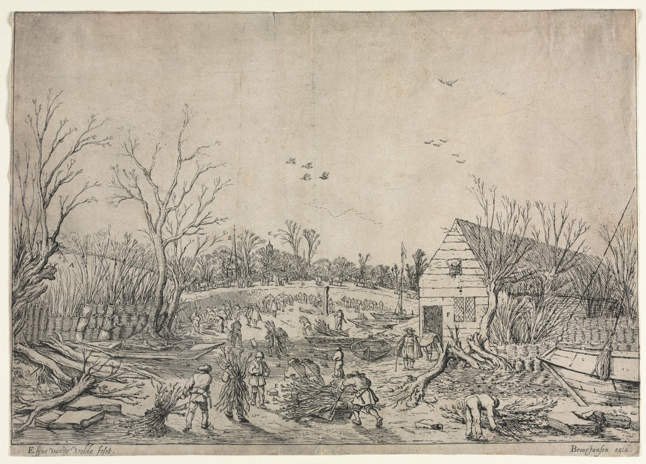 The Great Flood of January 10, 1624 or Repairing the Broken Dike on the River Lek by Vianen, 1624. de van de Velde Esaias