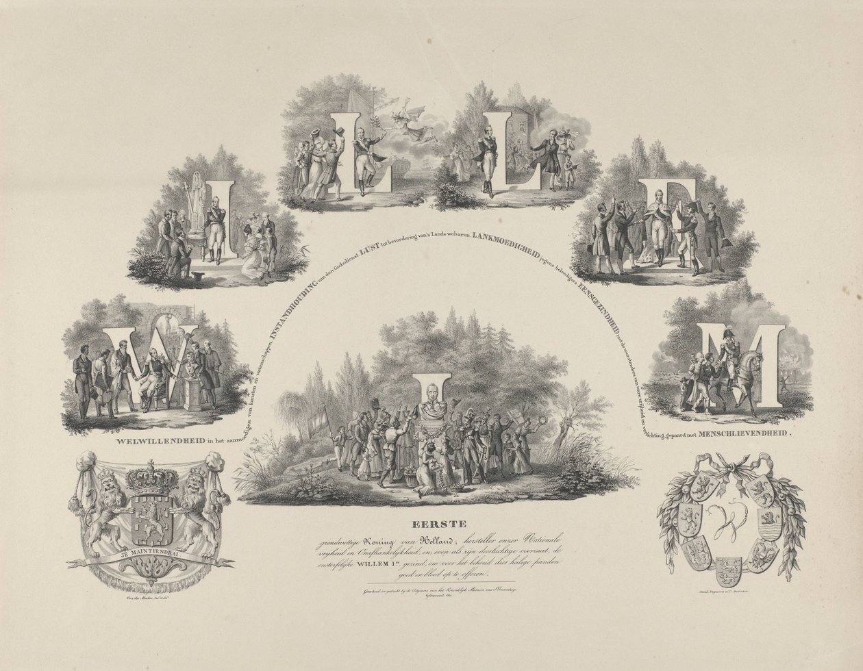 Alegoria das virtudes do Rei Guilherme I, 1831
Guilherme I Primeiro Rei Constitucional da Holanda, restaurador da nossa Liberdade e Independência Nacional (...) (título sobre o objecto) de van der Meulen