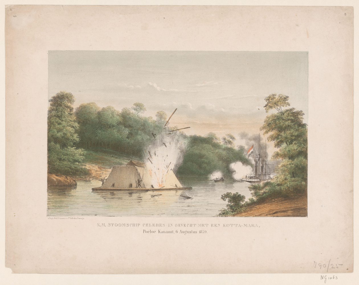 H.M. vapor Celebes em batalha com um kotta-mara. Poeloe Kanamit, 6 de Agosto de 1859 (título sobre o objecto) de weduwe Elias Spanier and Zn